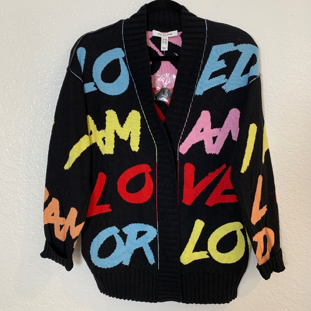 Peace Love World Cardigan Sweater XXS NWOT Black Love Theme Snaps Cozy Artsy - Picture 2 of 15